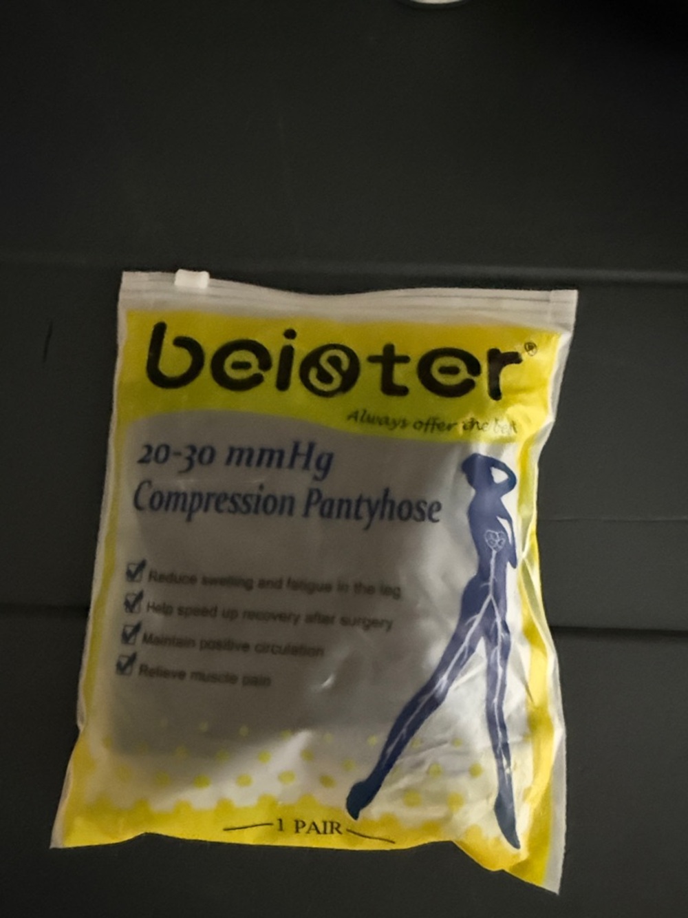 Never opened Beister 20-30 mmHg Compression Pantyhose - Yellow/Blue Packaging